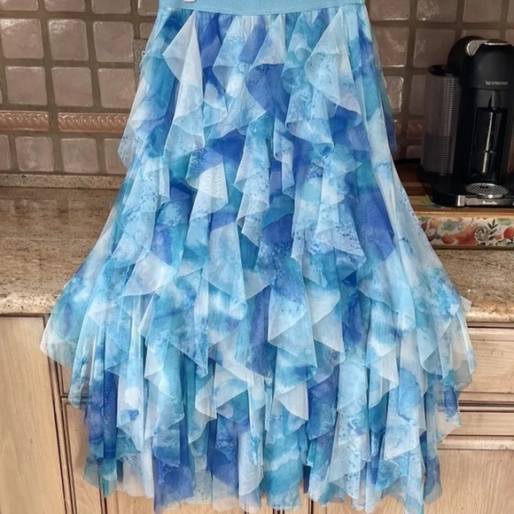 Anthropologie The Cheri Ruffled Tulle Midi Skirt Elastic Waist Lined  Combo Blue - Picture 9 of 9